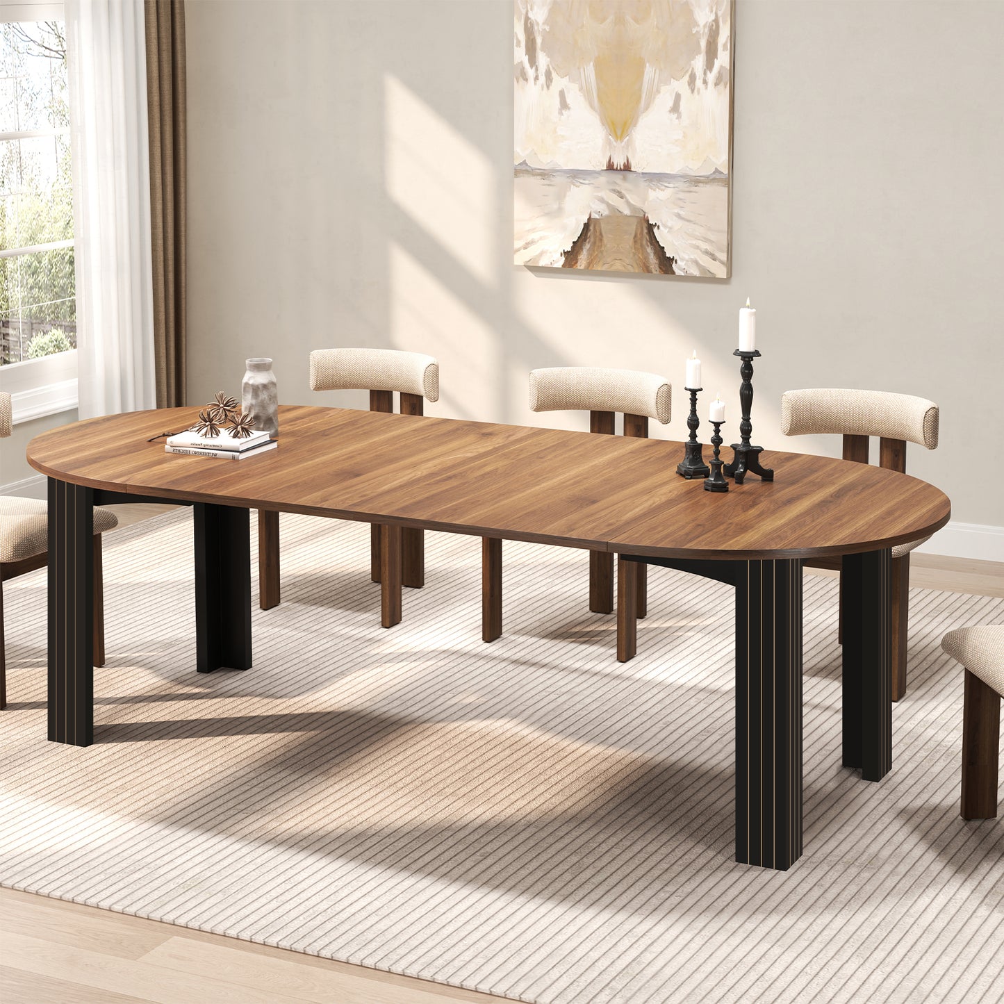 Extendable Dining Table for 4-8 People, 43”-78” Wooden Expandable Round Kitchen Table with 2 Leafs, Space Saving Farmhouse Oval Dining Room Tables for Living Room Apartment, Walnut&Black