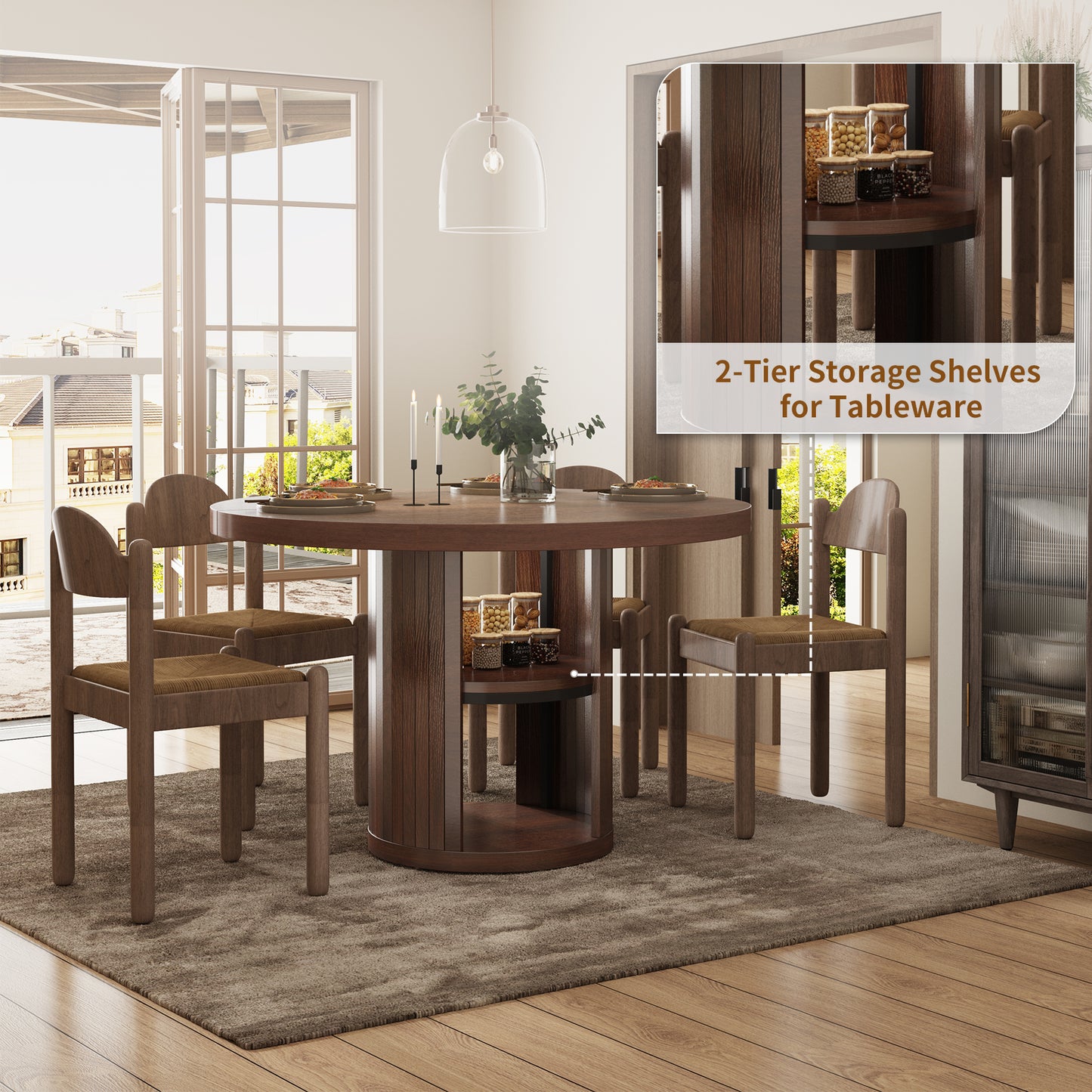 47-Inch Round Wood Dining Table with Open Storage Shelves for Dining Room, 4-6 People Farmhouse Circle Kitchen Dinner Tables with Fluted Design for Living Room, Apartments, Dark Brown Walnut