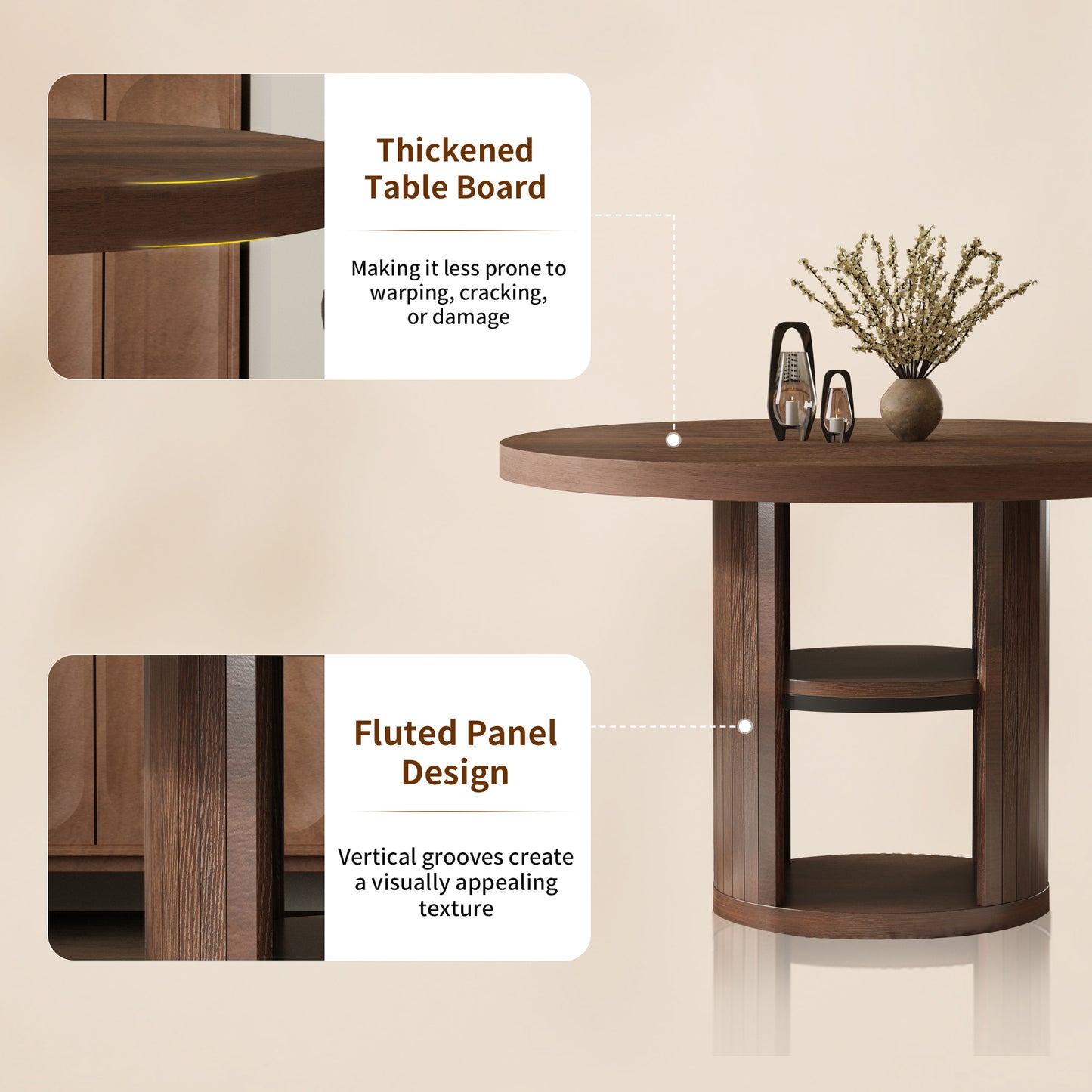 47-Inch Round Wood Dining Table with Open Storage Shelves for Dining Room, 4-6 People Farmhouse Circle Kitchen Dinner Tables with Fluted Design for Living Room, Apartments, Dark Brown Walnut