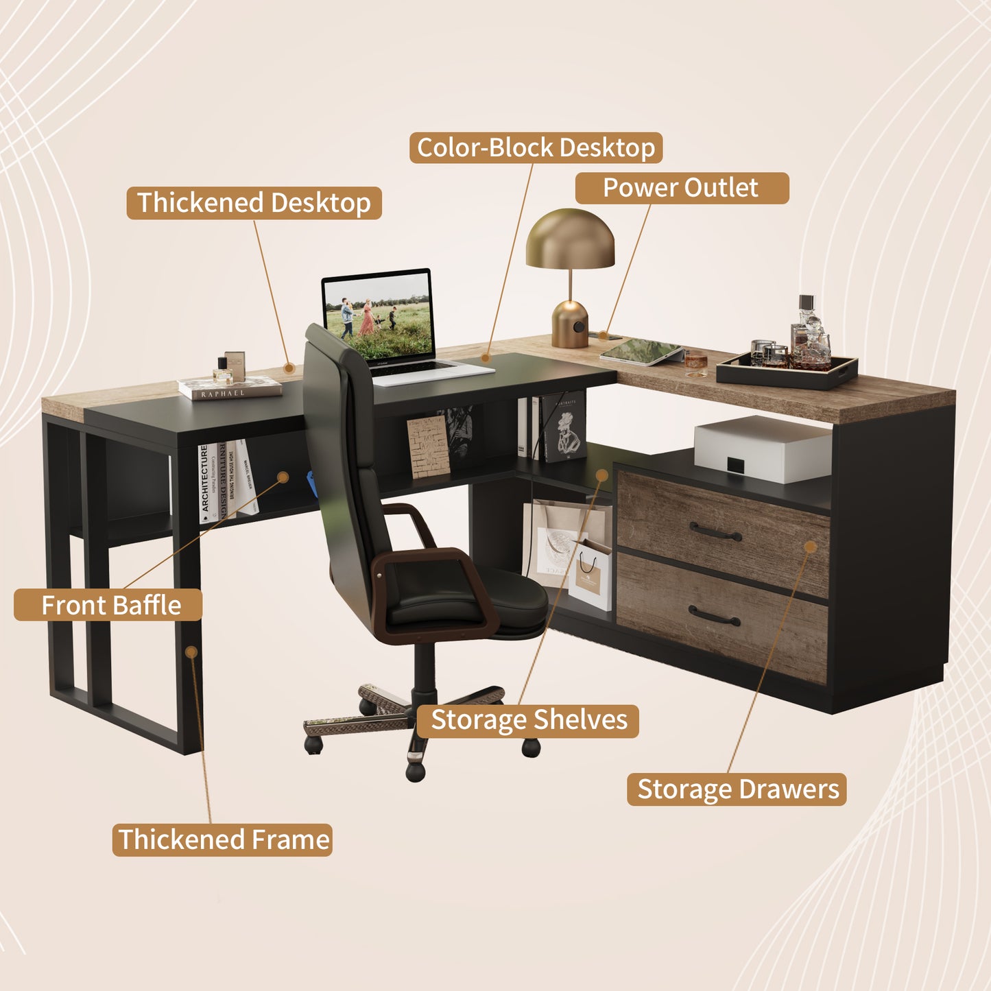 63-Inch L-Shaped Desk with Power Outlet for Home Office, Corner Office Desk with 2-Drawer and Storage Shelves, Large Computer Workstation, Farmhouse Writing Table for Study, Black Oak Brown
