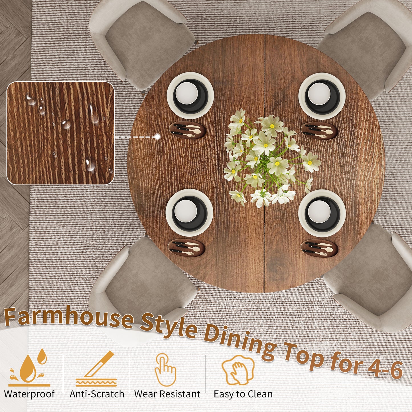 47-Inch Round Wood Dining Table with Open Storage Shelves for Dining Room, 4-6 People Farmhouse Circle Kitchen Dinner Tables with Fluted Design for Living Room, Apartments, Dark Brown Walnut