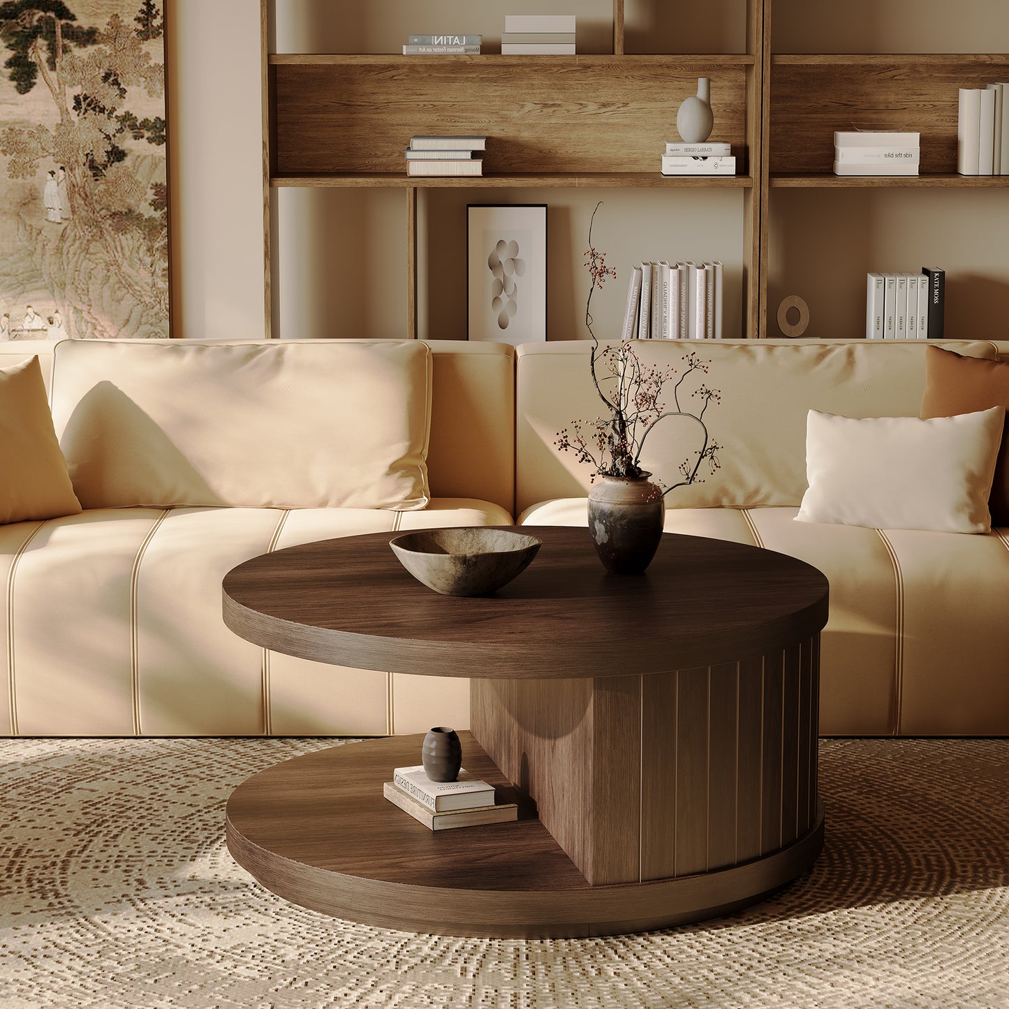 Round Wood Coffee Table with Open Storage Shelf for Living Room, 31.5-Inch Farmhouse 2-Tier Circle Center Tea Tables with Stylish Fluted Design for Apartment, Small Space, Dark Brown Walnut