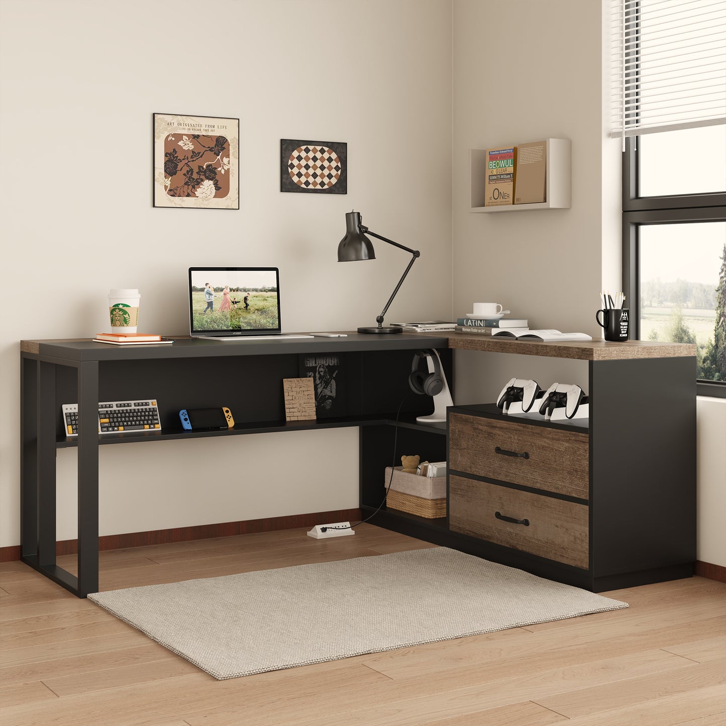 63-Inch L-Shaped Desk with Power Outlet for Home Office, Corner Office Desk with 2-Drawer and Storage Shelves, Large Computer Workstation, Farmhouse Writing Table for Study, Black Oak Brown