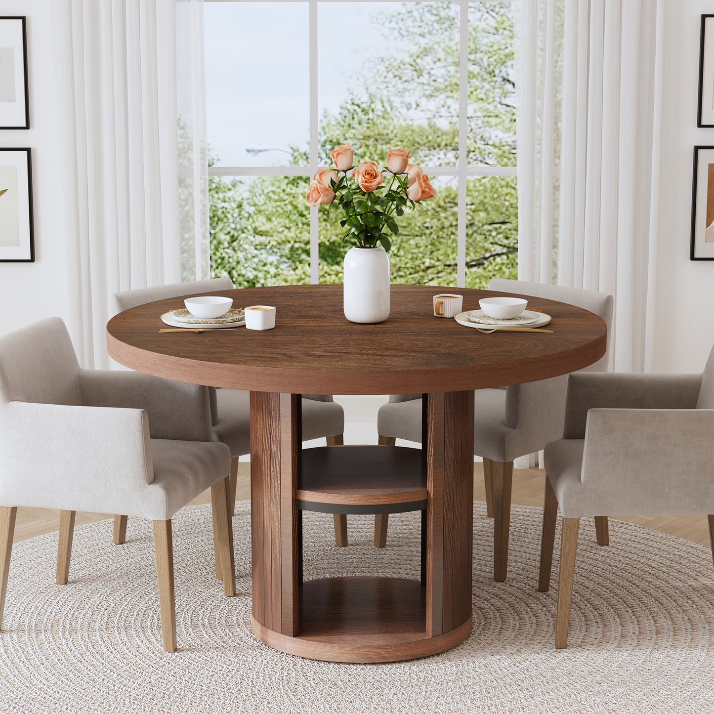 47-Inch Round Wood Dining Table with Open Storage Shelves for Dining Room, 4-6 People Farmhouse Circle Kitchen Dinner Tables with Fluted Design for Living Room, Apartments, Dark Brown Walnut