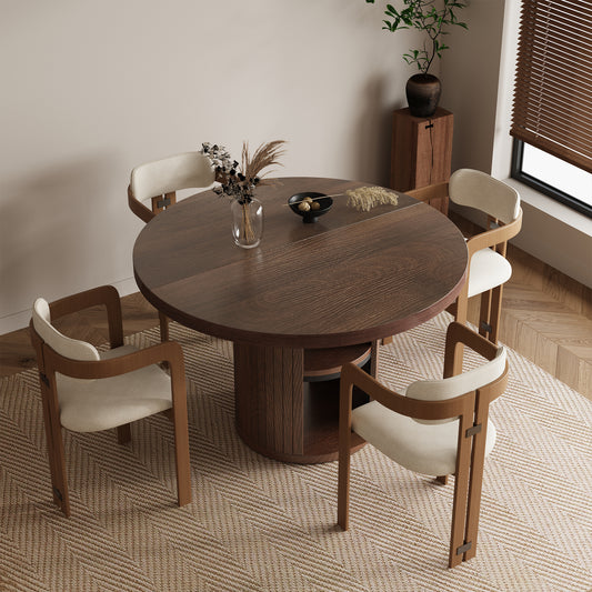 47-Inch Round Wood Dining Table with Open Storage Shelves for Dining Room, 4-6 People Farmhouse Circle Kitchen Dinner Tables with Fluted Design for Living Room, Apartments, Dark Brown Walnut