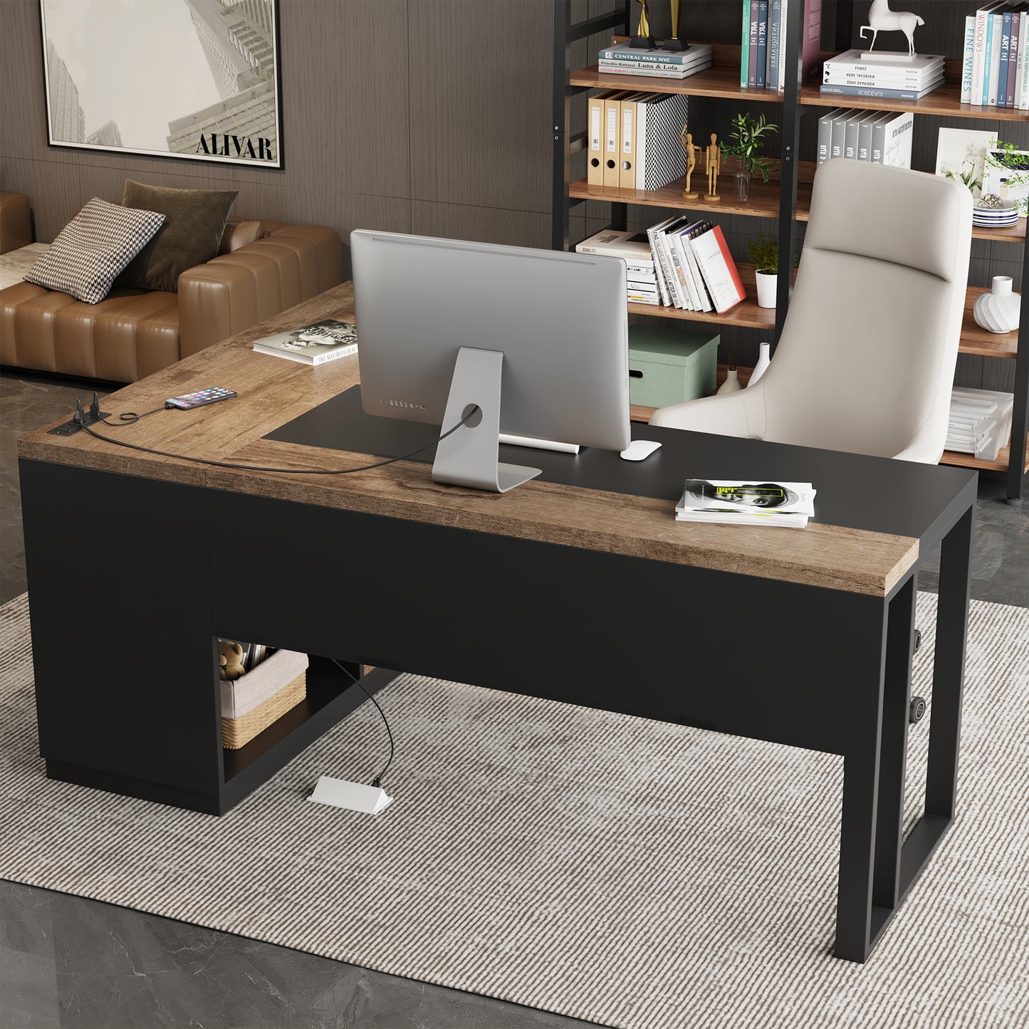 63-Inch L-Shaped Desk with Power Outlet for Home Office, Corner Office Desk with 2-Drawer and Storage Shelves, Large Computer Workstation, Farmhouse Writing Table for Study, Black Oak Brown