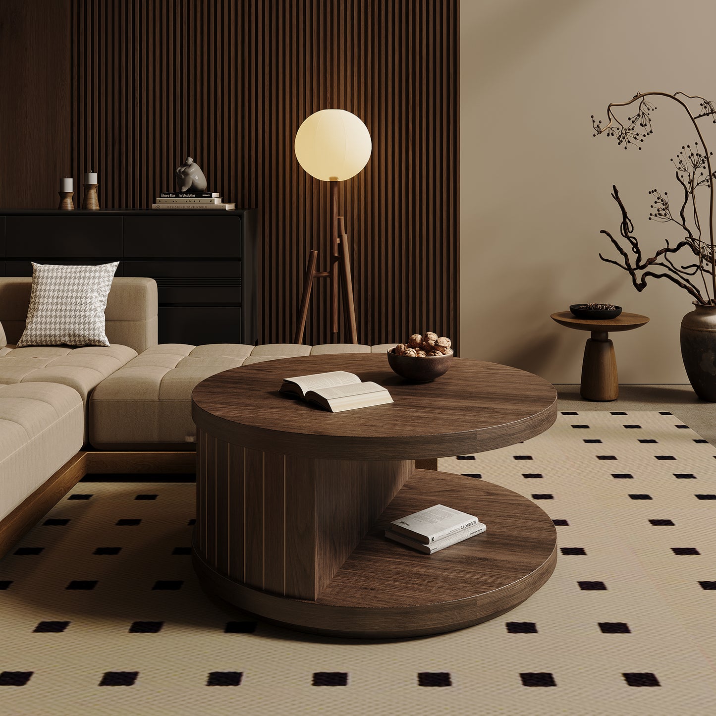 Round Wood Coffee Table with Open Storage Shelf for Living Room, 31.5-Inch Farmhouse 2-Tier Circle Center Tea Tables with Stylish Fluted Design for Apartment, Small Space, Dark Brown Walnut