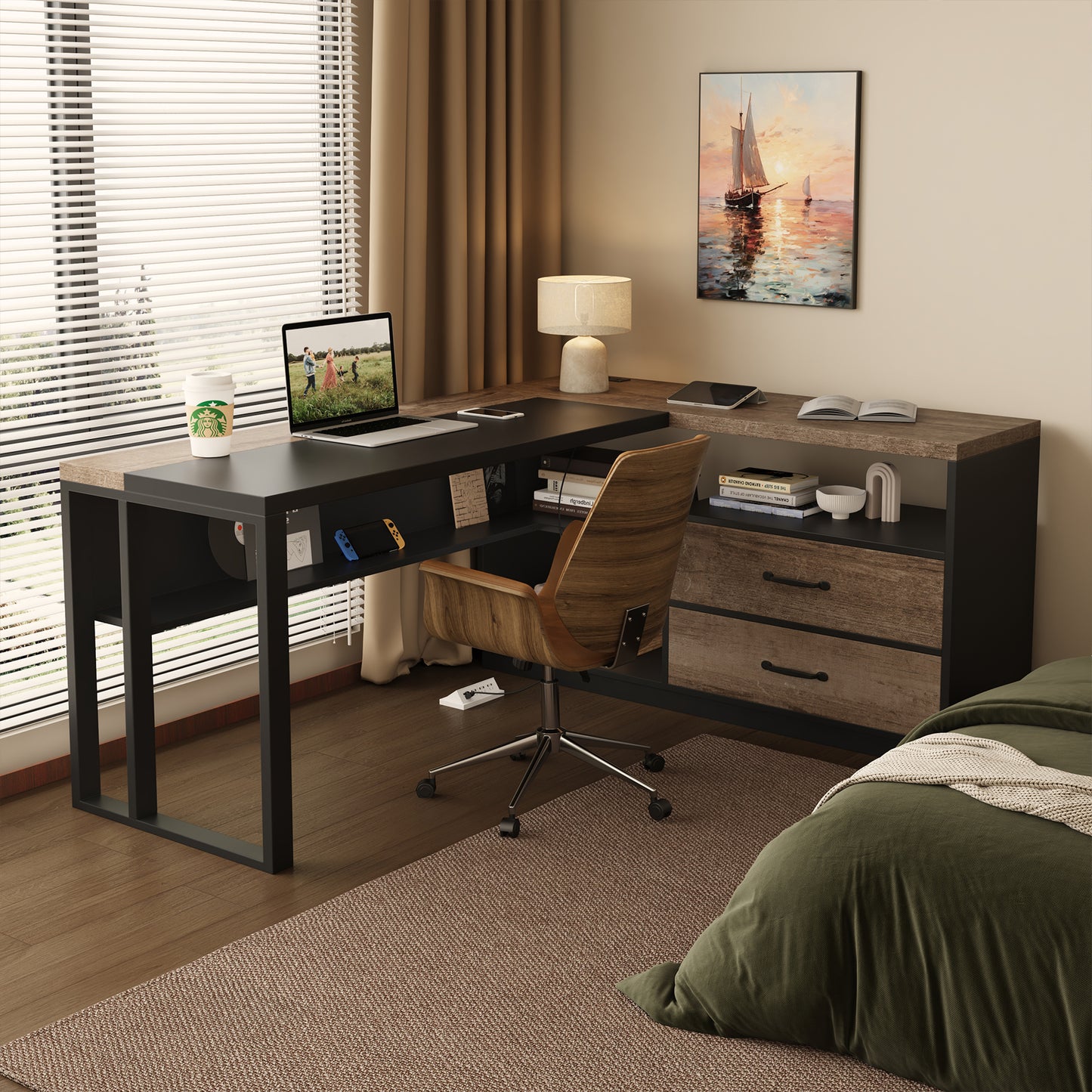 63-Inch L-Shaped Desk with Power Outlet for Home Office, Corner Office Desk with 2-Drawer and Storage Shelves, Large Computer Workstation, Farmhouse Writing Table for Study, Black Oak Brown