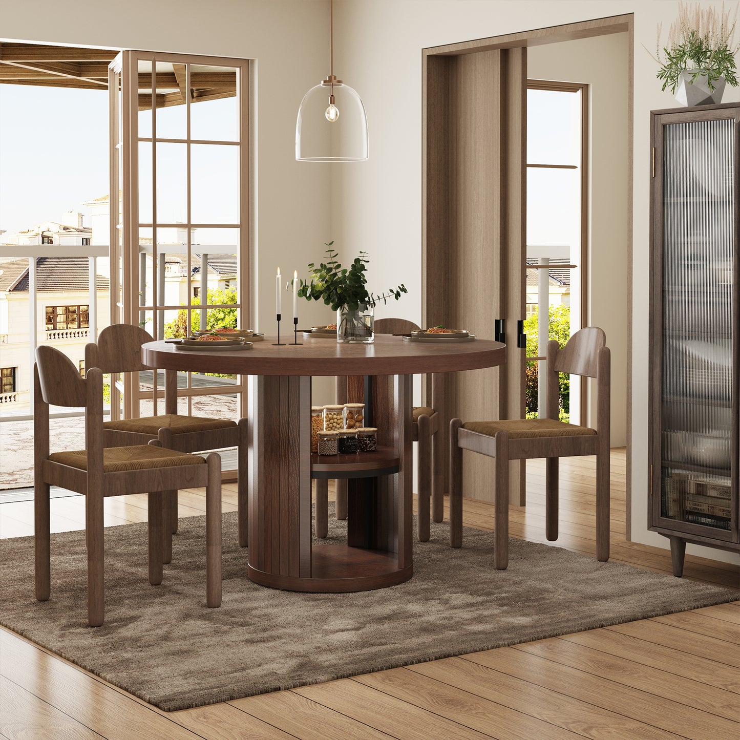 47-Inch Round Wood Dining Table with Open Storage Shelves for Dining Room, 4-6 People Farmhouse Circle Kitchen Dinner Tables with Fluted Design for Living Room, Apartments, Dark Brown Walnut