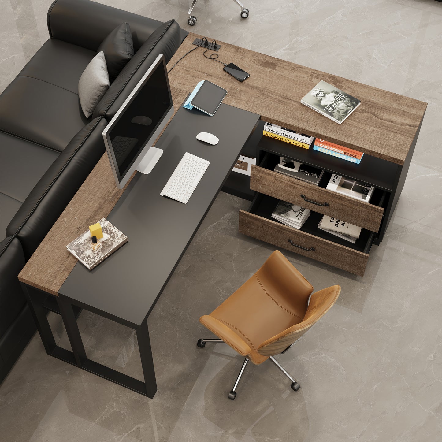 63-Inch L-Shaped Desk with Power Outlet for Home Office, Corner Office Desk with 2-Drawer and Storage Shelves, Large Computer Workstation, Farmhouse Writing Table for Study, Black Oak Brown