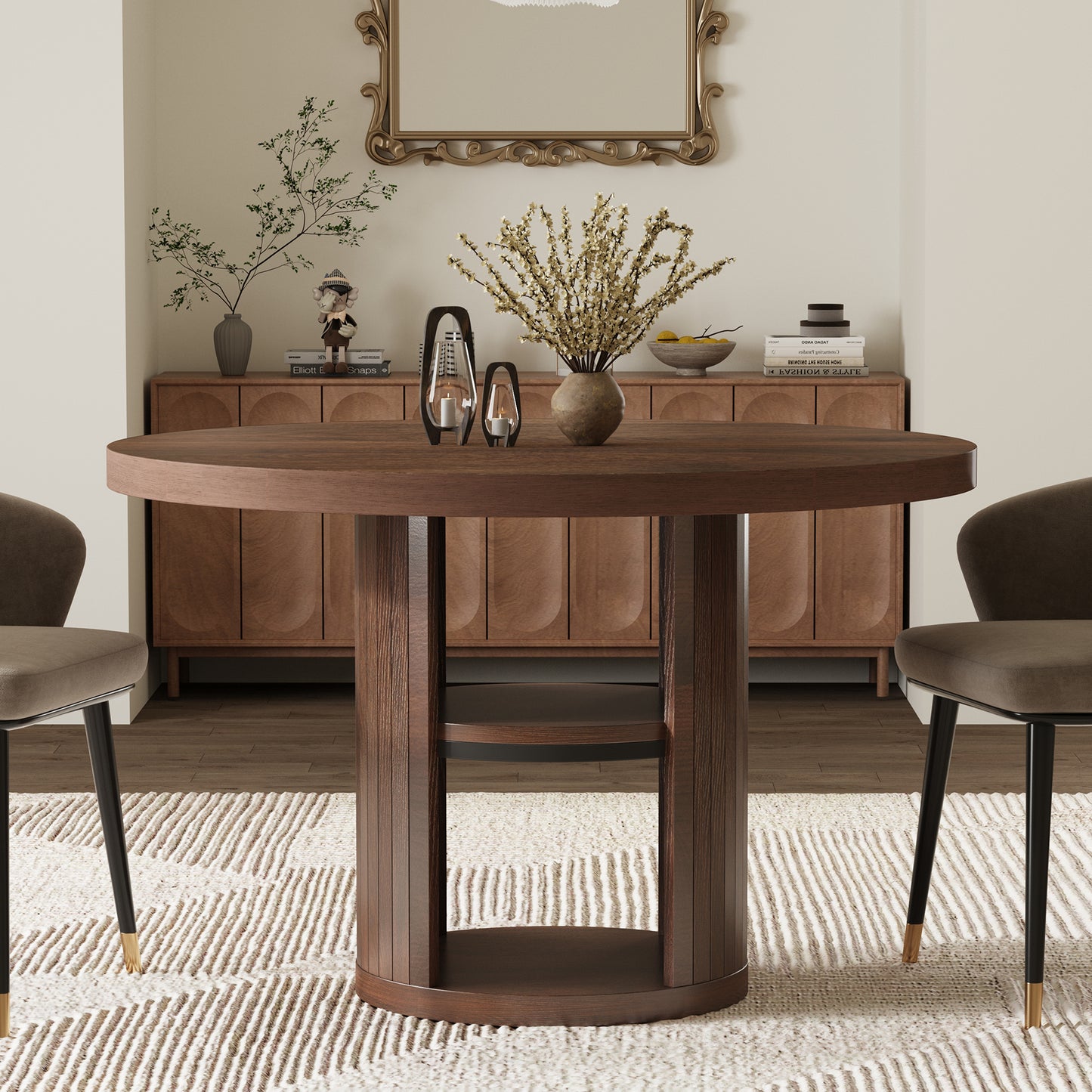 47-Inch Round Wood Dining Table with Open Storage Shelves for Dining Room, 4-6 People Farmhouse Circle Kitchen Dinner Tables with Fluted Design for Living Room, Apartments, Dark Brown Walnut