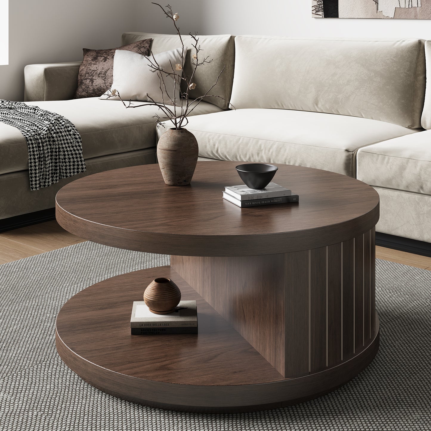 Round Wood Coffee Table with Open Storage Shelf for Living Room, 31.5-Inch Farmhouse 2-Tier Circle Center Tea Tables with Stylish Fluted Design for Apartment, Small Space, Dark Brown Walnut