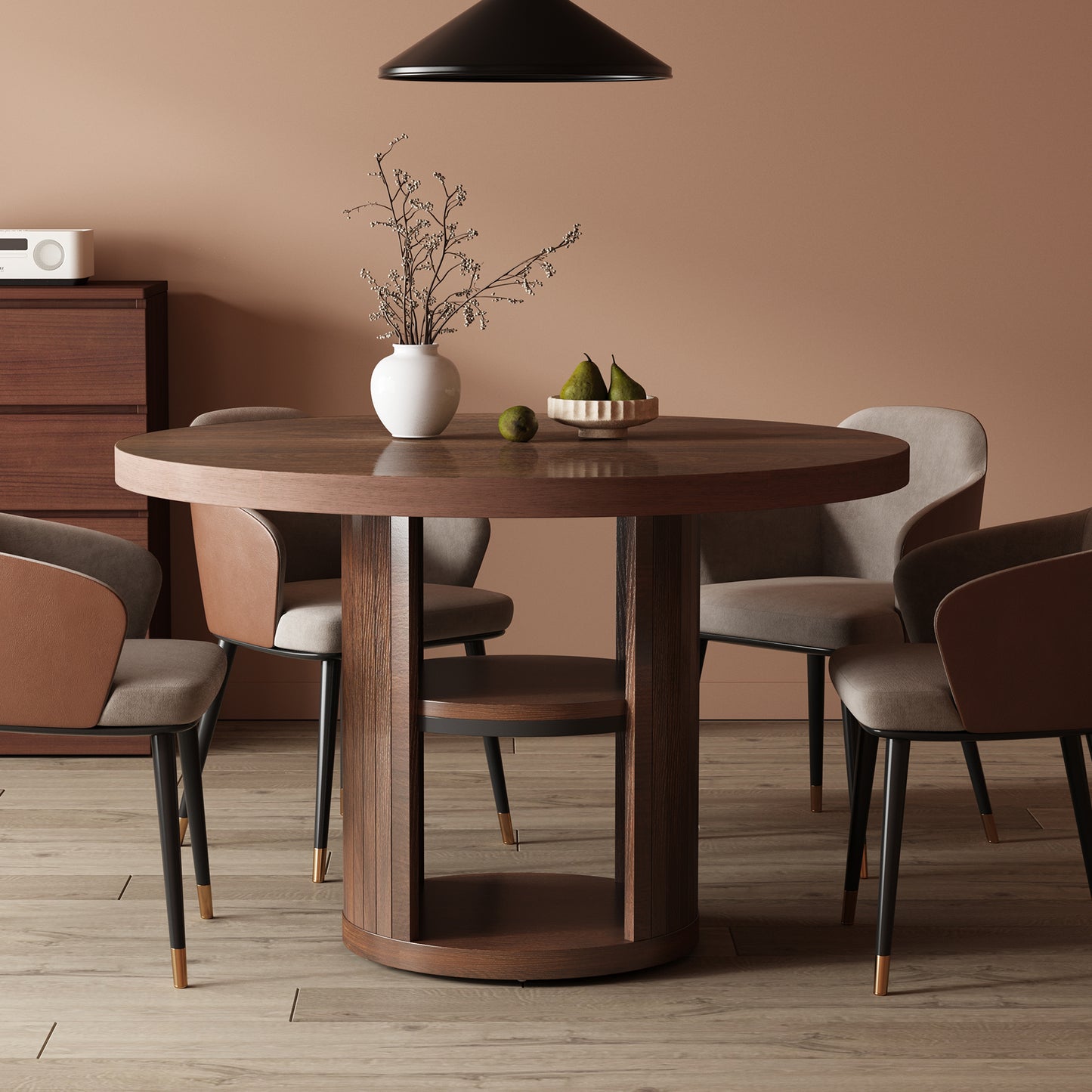 47-Inch Round Wood Dining Table with Open Storage Shelves for Dining Room, 4-6 People Farmhouse Circle Kitchen Dinner Tables with Fluted Design for Living Room, Apartments, Dark Brown Walnut