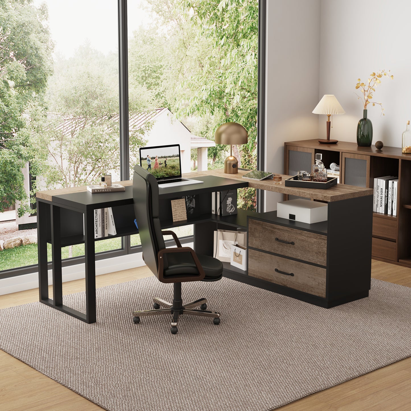 63-Inch L-Shaped Desk with Power Outlet for Home Office, Corner Office Desk with 2-Drawer and Storage Shelves, Large Computer Workstation, Farmhouse Writing Table for Study, Black Oak Brown