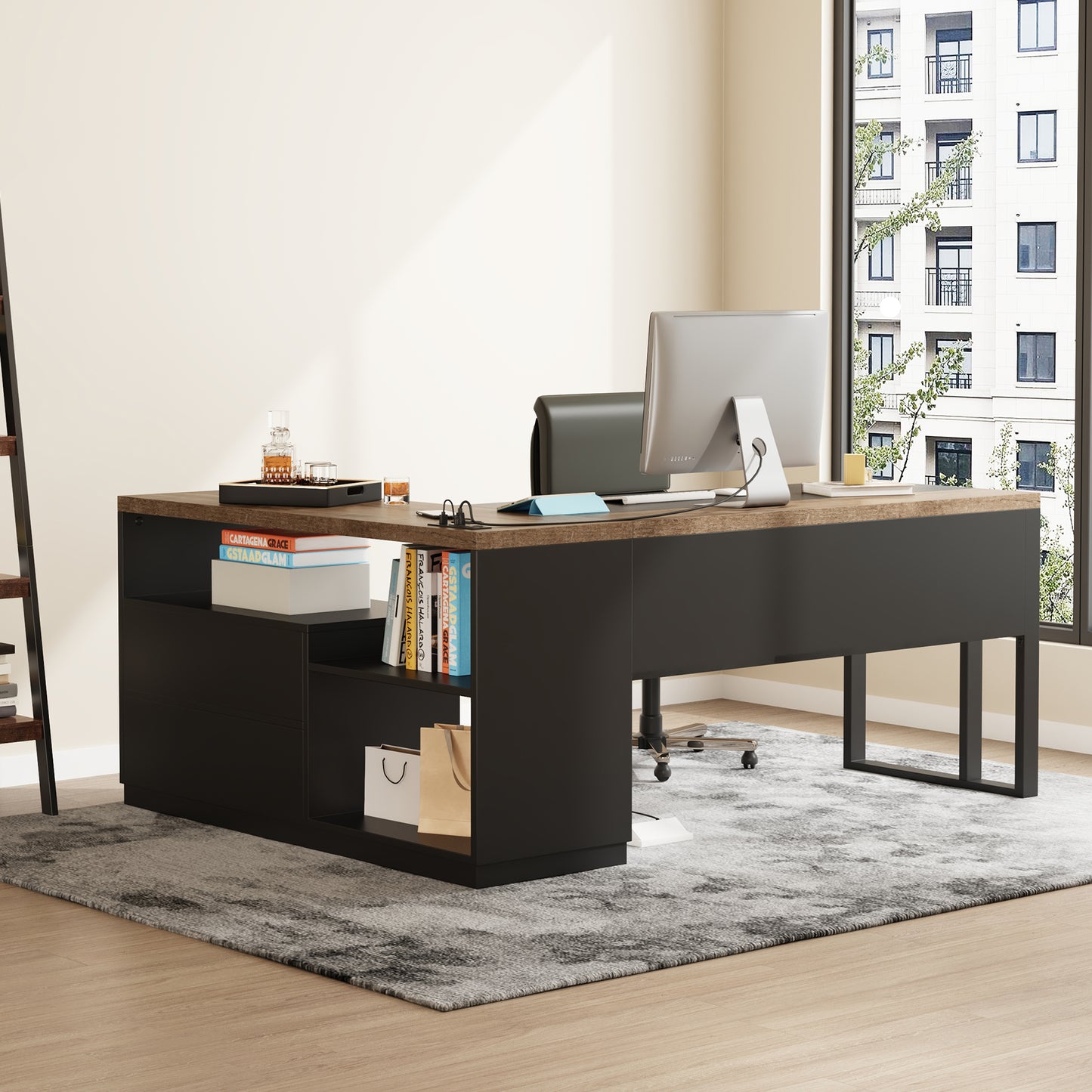 63-Inch L-Shaped Desk with Power Outlet for Home Office, Corner Office Desk with 2-Drawer and Storage Shelves, Large Computer Workstation, Farmhouse Writing Table for Study, Black Oak Brown