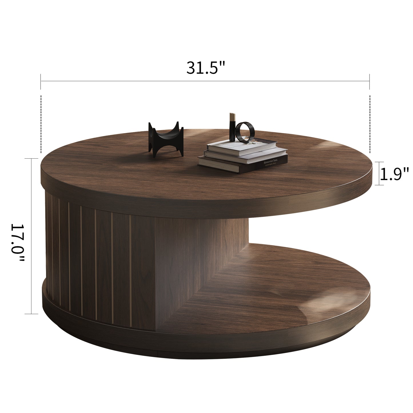 Round Wood Coffee Table with Open Storage Shelf for Living Room, 31.5-Inch Farmhouse 2-Tier Circle Center Tea Tables with Stylish Fluted Design for Apartment, Small Space, Dark Brown Walnut