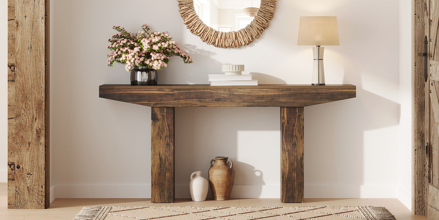 63-Inch Wood Console Table for Entryway Living Room, Long Rectangular Sofa Tables with Farmhouse Wooden Simple Base for Home Hallway Couch Foyer Entrance, Rustic Brown, Easy Assembly