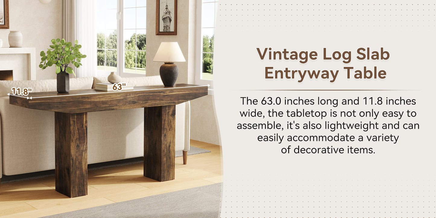 63-Inch Wood Console Table for Entryway Living Room, Long Rectangular Sofa Tables with Farmhouse Wooden Simple Base for Home Hallway Couch Foyer Entrance, Rustic Brown, Easy Assembly