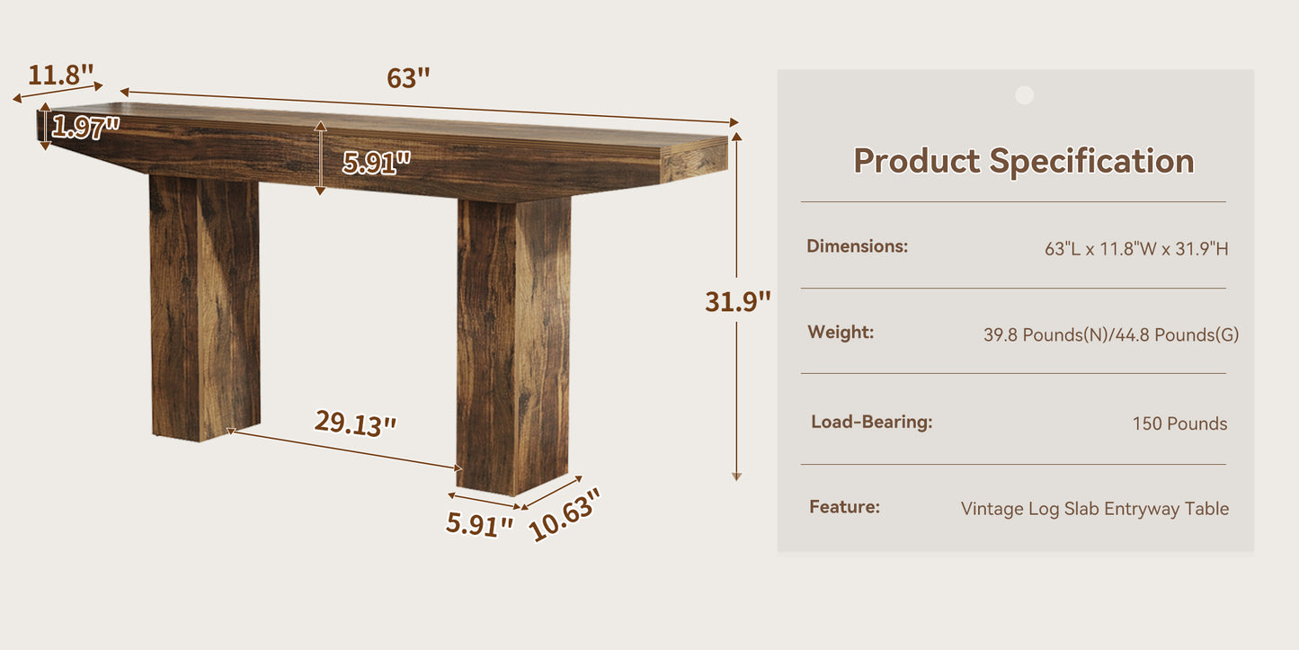 63-Inch Wood Console Table for Entryway Living Room, Long Rectangular Sofa Tables with Farmhouse Wooden Simple Base for Home Hallway Couch Foyer Entrance, Rustic Brown, Easy Assembly
