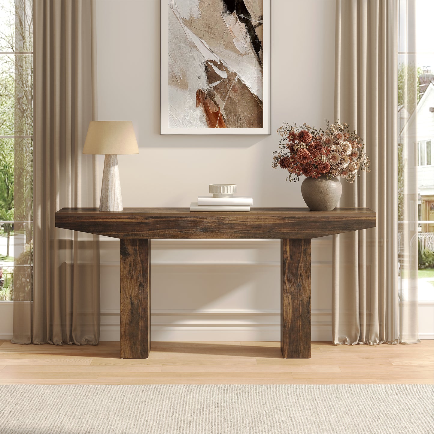 63-Inch Wood Console Table for Entryway Living Room, Long Rectangular Sofa Tables with Farmhouse Wooden Simple Base for Home Hallway Couch Foyer Entrance, Rustic Brown, Easy Assembly