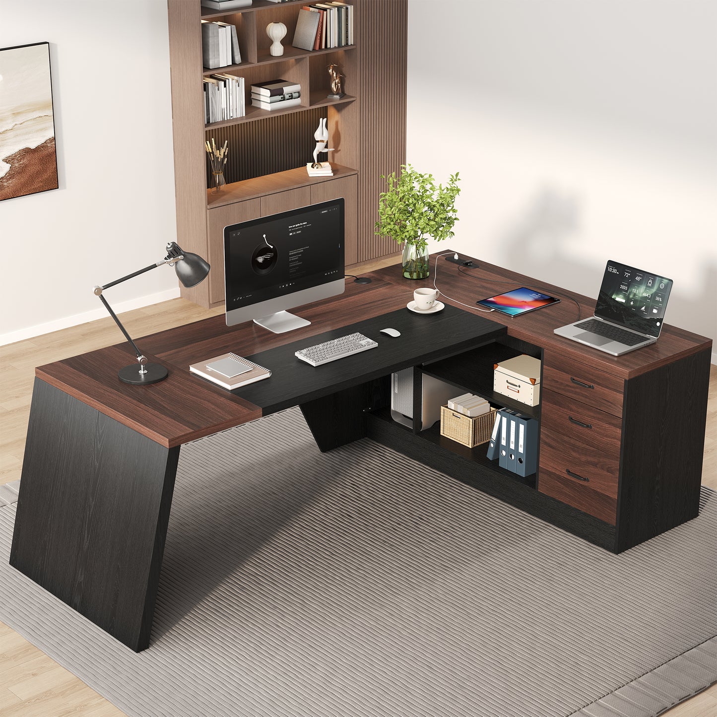 L-Shaped Executive Desk with Power Outlet, 78-Inch Large Office Desk with Storage Drawer and Lateral File Cabinet, Modern Computer Table with Open Shelf and PC Stand for Home Office Study, Brown Black