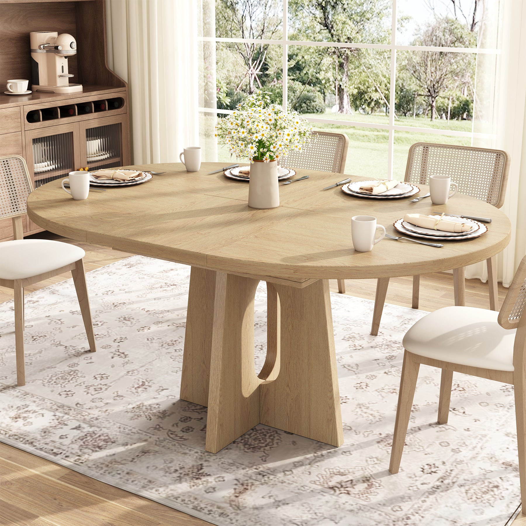 59-Inch Extendable Round Dining Table for Dining Room, 4-6 People Farm ...