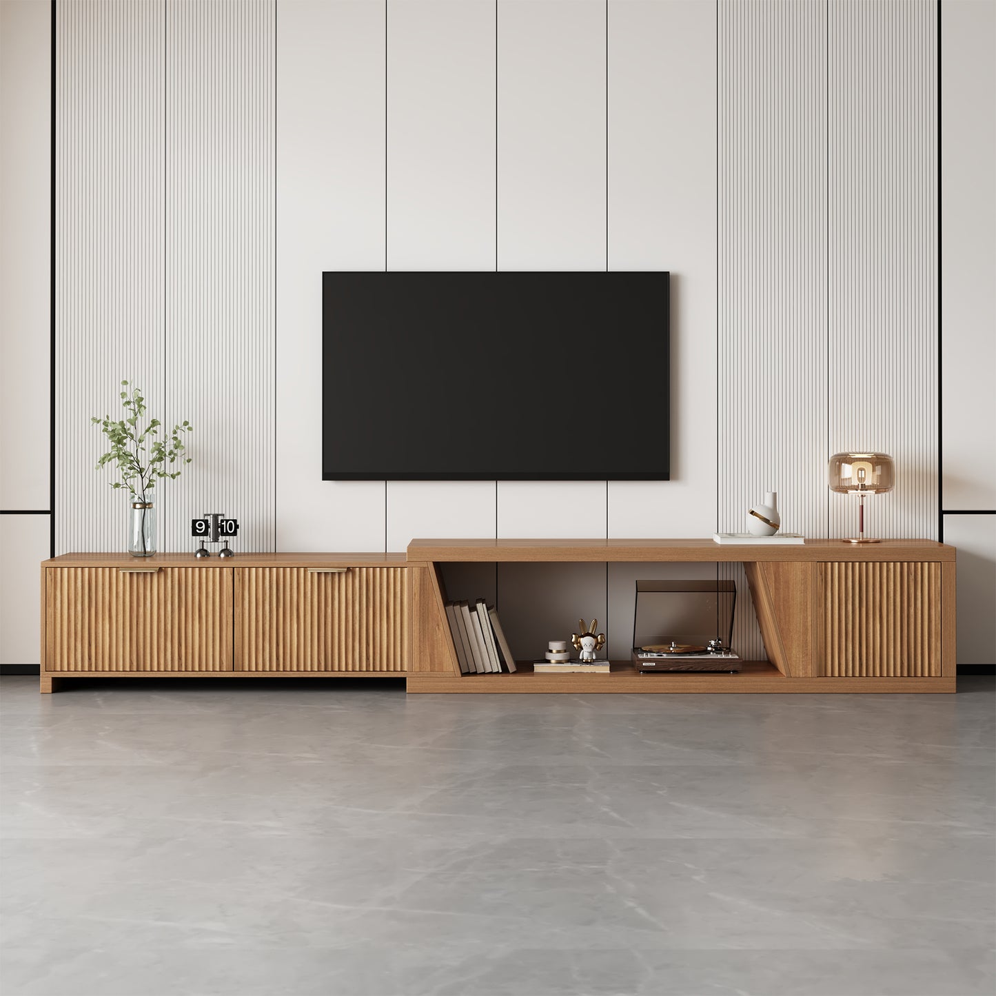 Extendable TV Stand with Storage Cabinet for Living Room, 98.5-Inch Extra Long TVs Media Console Wood Fluted Television Stands with Adjustable Shelf and Drawers for Bedroom, Rustic Brown (63"W-98.5"W)