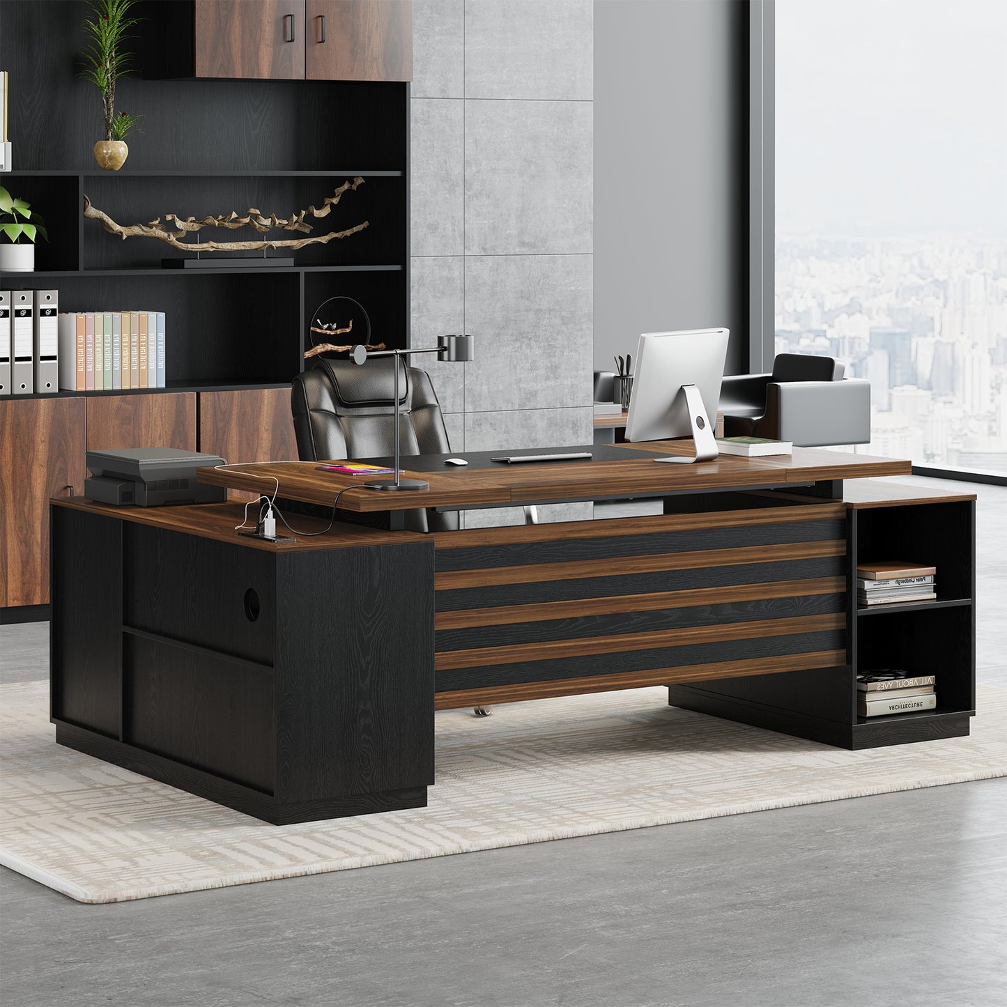 L-Shaped Executive Desk with Power Outlet, 78-Inch Large Office Desk with Drawer and Lateral File Cabinet, Modern Computer Table with Open Shelf and Storage Cabinet for Home Office Study, Brown Black
