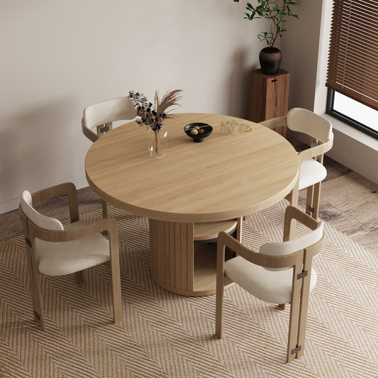 47-Inch Round Wood Dining Table with Open Storage Shelves for Dining Room, 4-6 People Farmhouse Circle Kitchen Dinner Tables with Fluted Design for Living Room, Apartments, Light Oak Brown