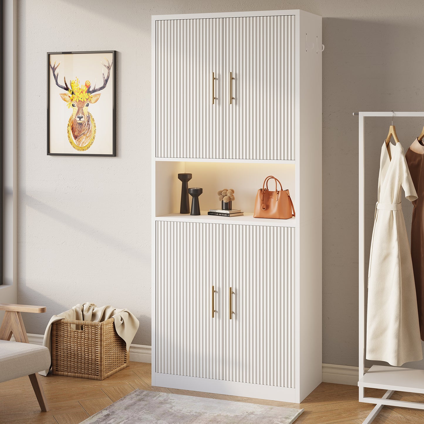 66-Inch Tall Shoe Cabinet with Fluted Door and LED Light for Entryway, Modern Large 9-Tier Freestanding Shoe Storage Organizer with Adjustable Shelves Open Shelf for Closet, Living Room, White
