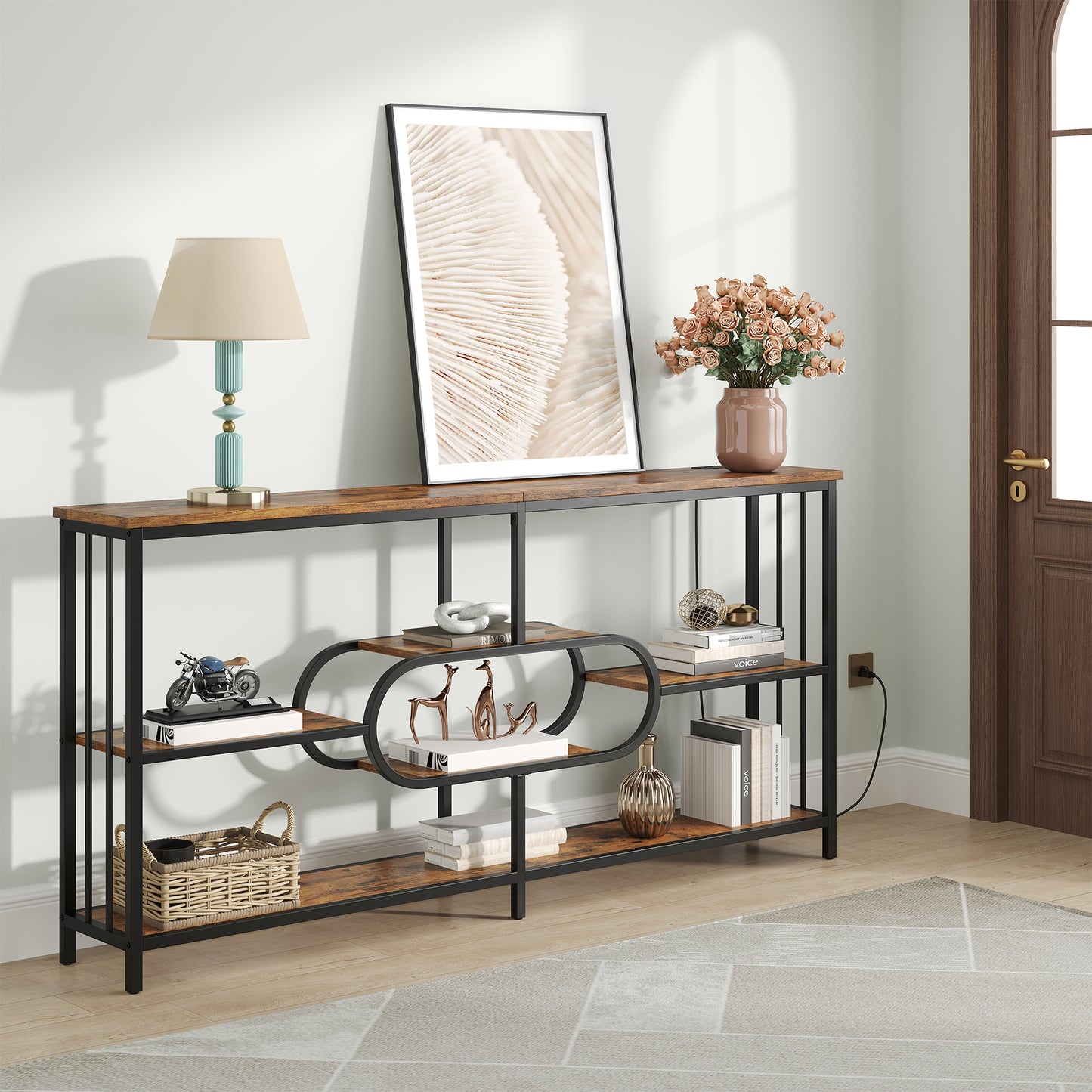 70.9-Inch Industrial Console Table with 3-Tier Shelves and Power Outlet for Living Room Entryway, Long Sofa Table with Metal Frame and Storage Shelf for Hallway Behind Couch, Rustic Brown