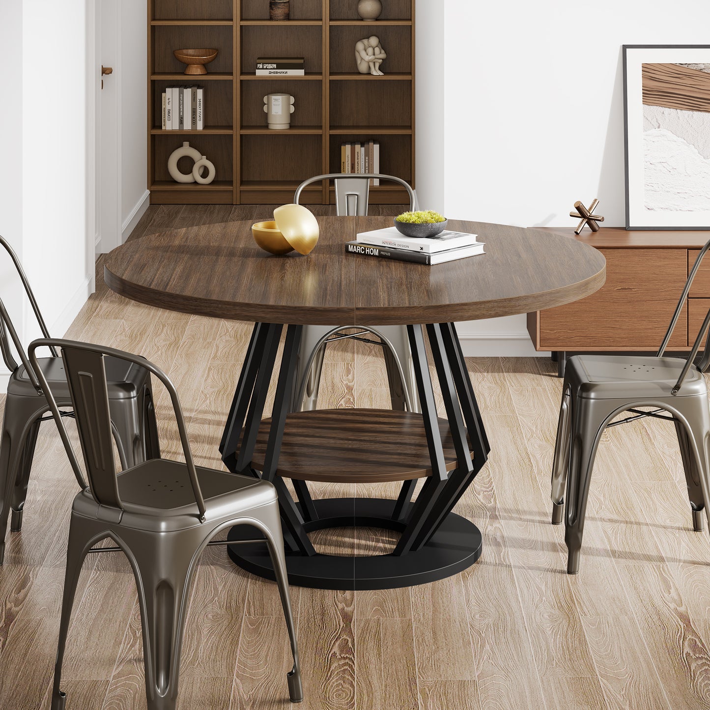 47-Inch Round Industrial Dining Table with Storage Shelf for Dining Room, 4-6 People Circle Kitchen Dinner Tables with Wood Top and Metal Frame for Living Room, Dinner Room, Black Brown Walnut
