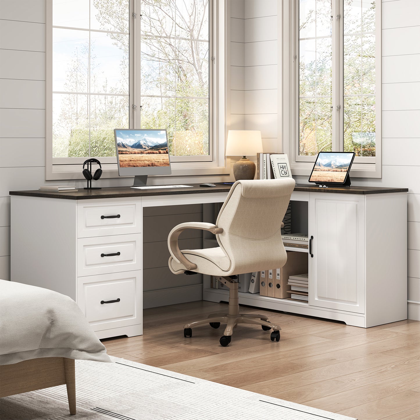 L-Shaped Executive Desk with Power Outlet, Farmhouse Computer Desk with Drawer and Storage Cabinet, White Home Office Wood Corner Table for Writing Work Study, 63 Inch Large Bedroom Workstation