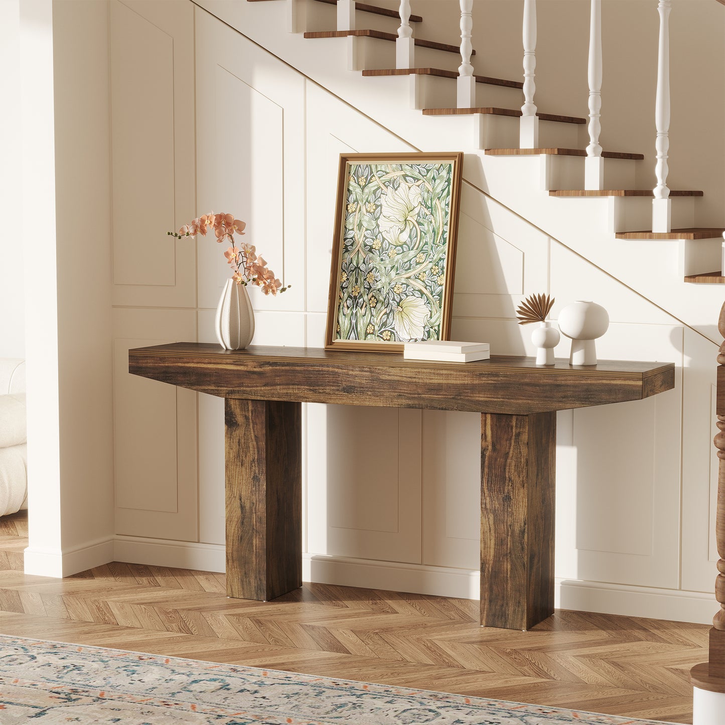 63-Inch Wood Console Table for Entryway Living Room, Long Rectangular Sofa Tables with Farmhouse Wooden Simple Base for Home Hallway Couch Foyer Entrance, Rustic Brown, Easy Assembly