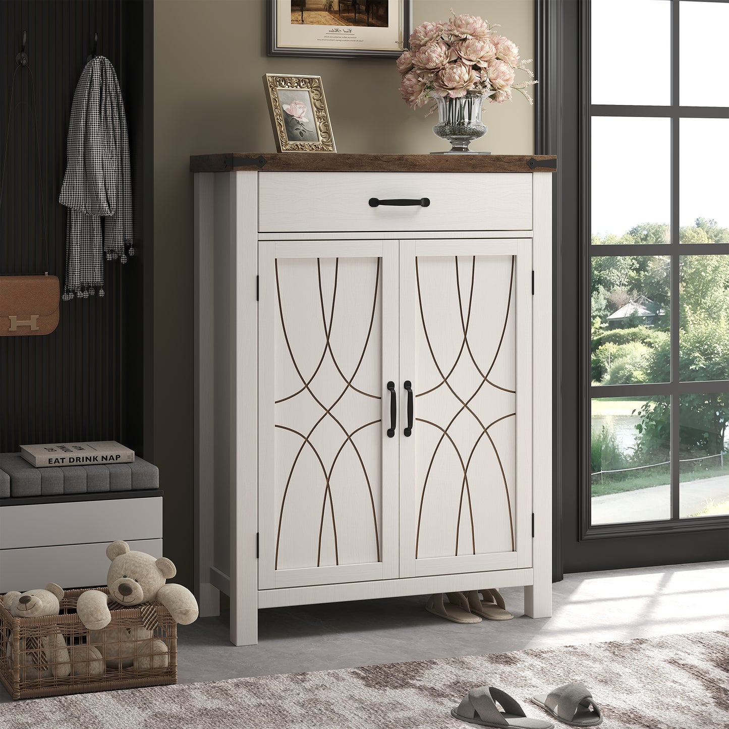 White Shoe Cabinet with Storage Shelf and Drawer for Entryway, Farmhouse 20 Pairs Freestanding Shoe Storage Organizer with 5 Tier Adjustable Shelves for Closet Living Room Hallway, Brown White