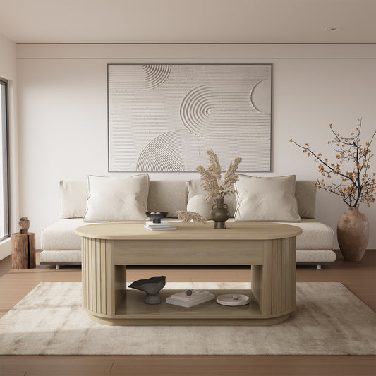 47-Inch Lift Top Wood Coffee Table with Hidden Storage Compartment and Open Shelf for Living Room, Fluted Oval Center Tea Table with Wooden Lift-Top for Apartment, Small Space, Brown