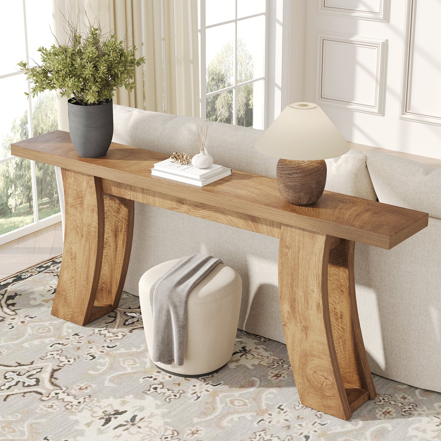 70.9-Inch Wood Console Table for Entryway Living Room, Extra Long Rectangular Natural Sofa Tables with Farmhouse Wooden Curved Base for Home Hallway Couch Foyer Entrance, Light Brown Oak