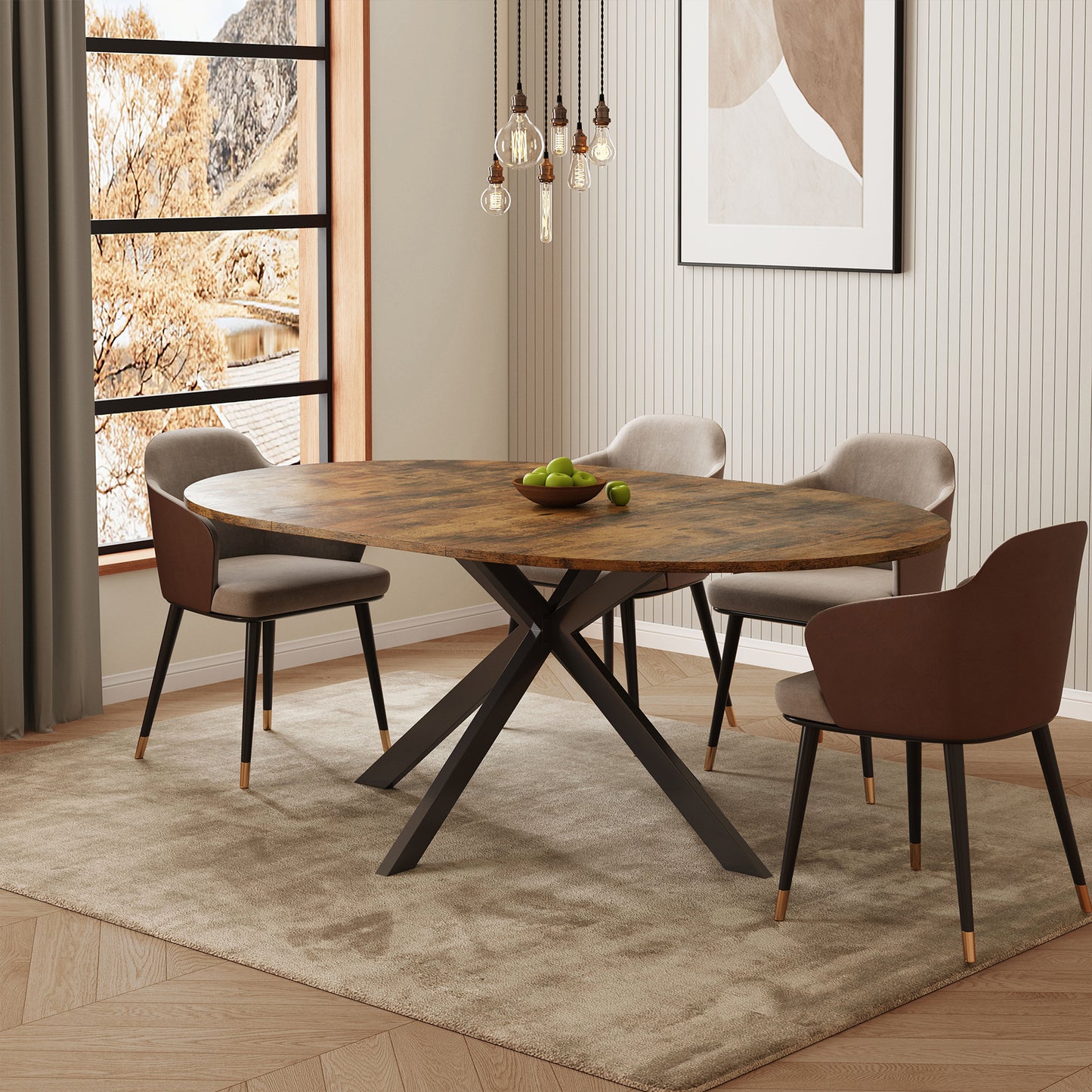 59-Inch Extendable Round Dining Table for Dining Room, 4-6 People Large Expandable Kitchen Dinner Tables with Oval Wood Top and Industrial Metal Frame for Dinner Room, Small Space, Black Rustic Brown