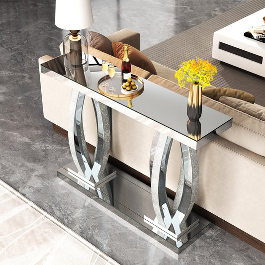 47-Inch Modern Mirrored Console Table with Crushed Diamond Finish for Living Room Entryway, Contemporary Mirror Sofa Tables with Silver Glass Top for Hallway Behind Couch, Silver