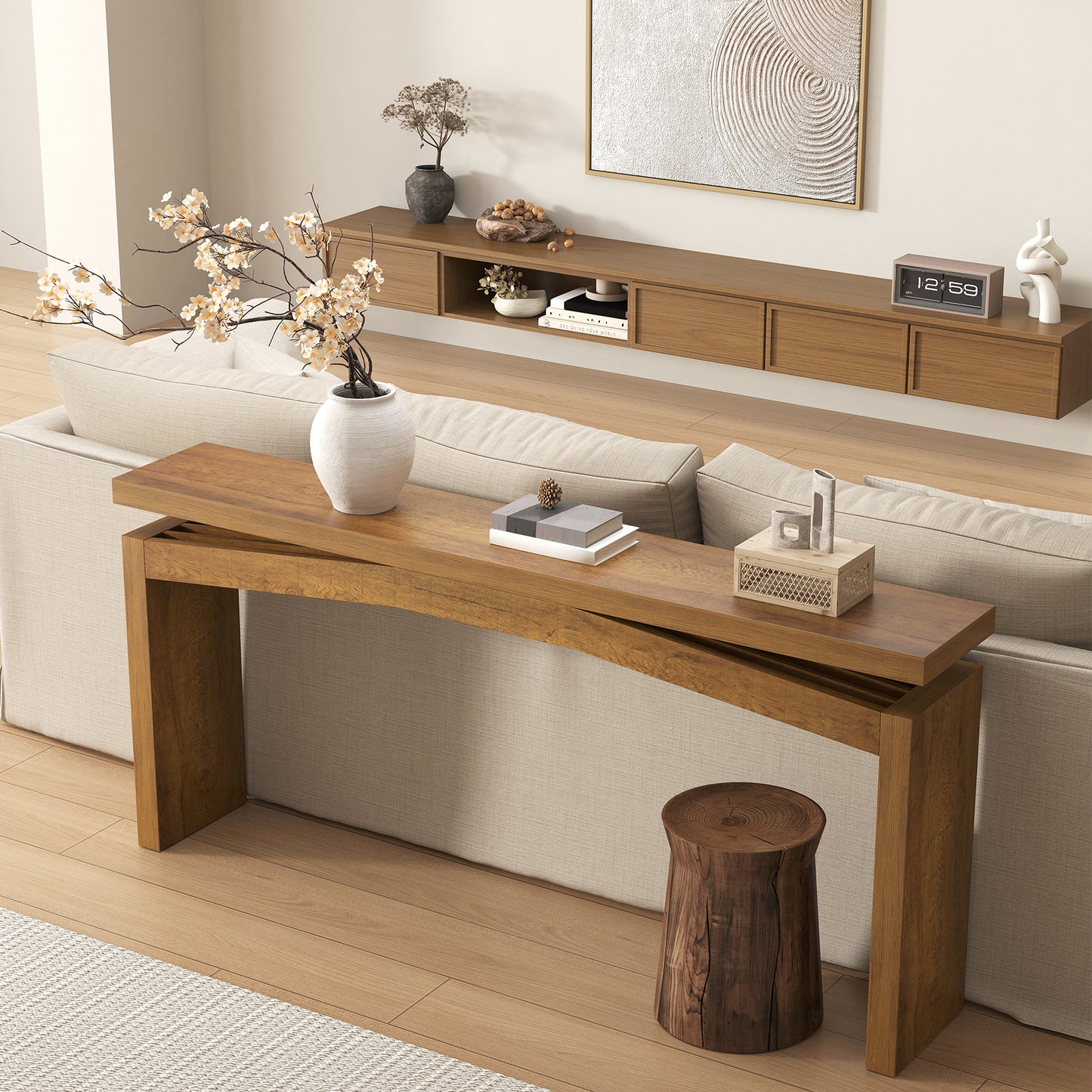 63-Inch Wood Console Table for Entryway Living Room, Long Rectangular Sofa Tables with Natural Wooden Base for Home Hallway Couch Foyer Entrance, Light Brown Oak
