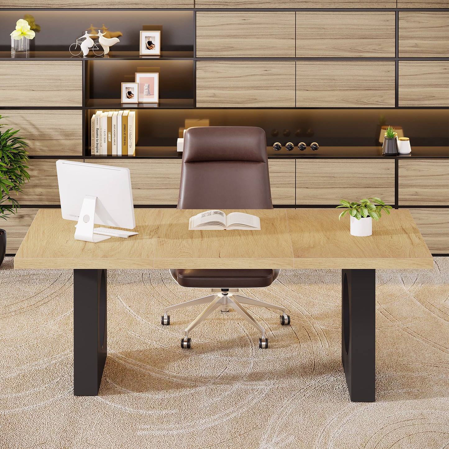 70.9-Inch Executive Computer Desk for Home Office, Modern Simple Large Office Desks Laptop Workstation, Writing Table with Wide Wood Tabletop and Painted Sled Base for Study, Black Brown Oak