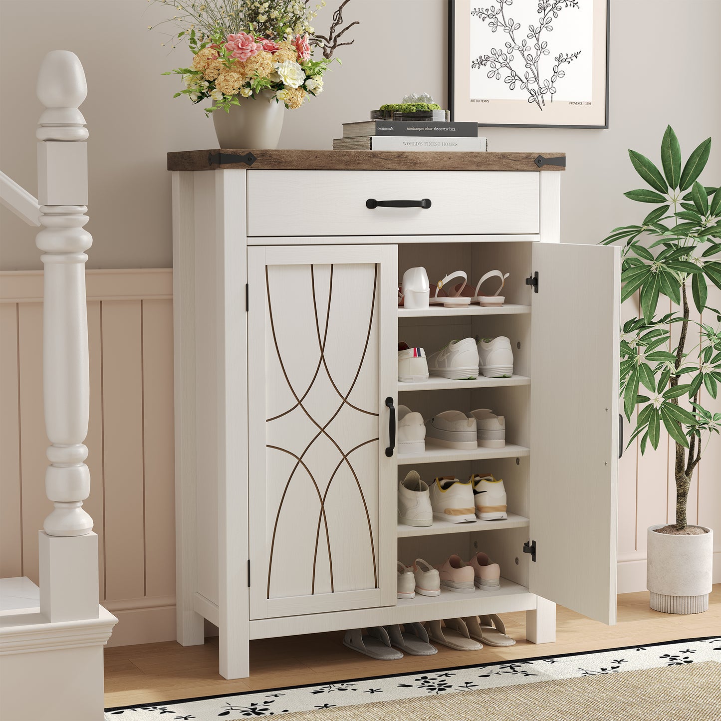 White Shoe Cabinet with Storage Shelf and Drawer for Entryway, Farmhouse 20 Pairs Freestanding Shoe Storage Organizer with 5 Tier Adjustable Shelves for Closet Living Room Hallway, Brown White
