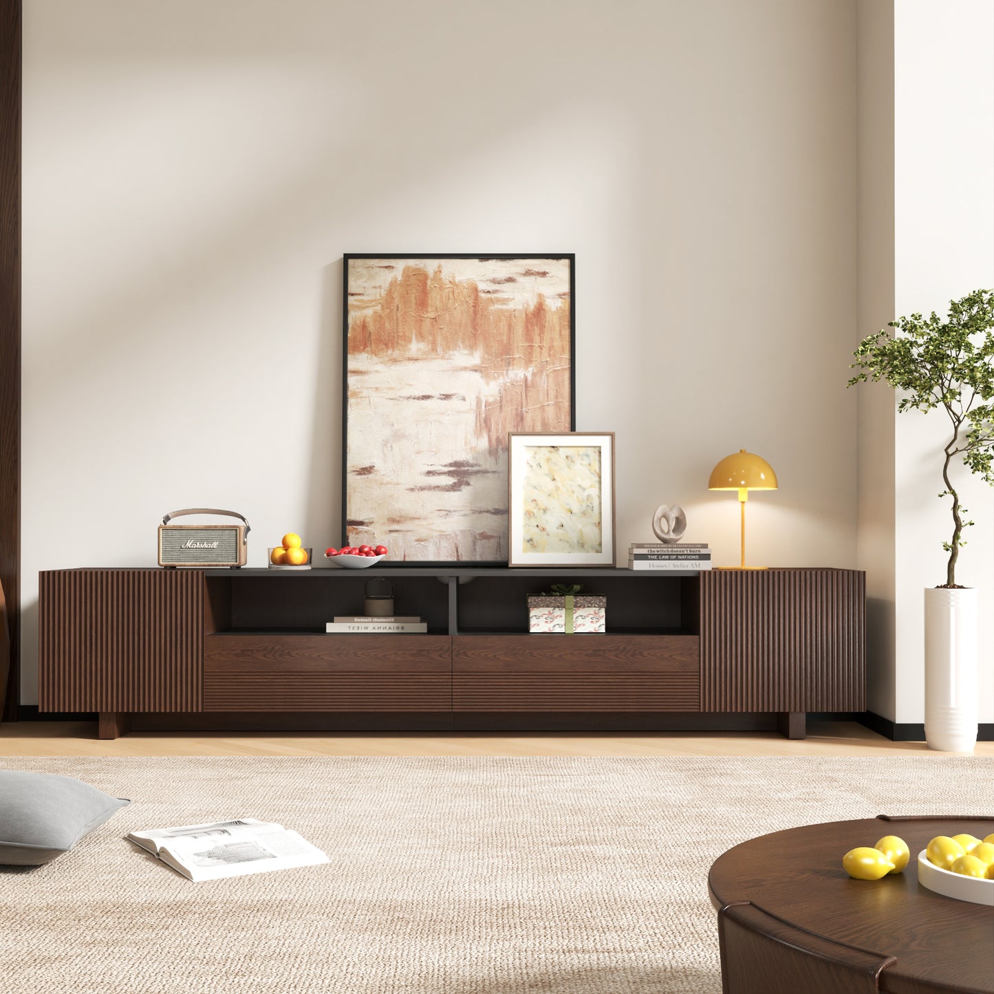 78.8 Inch TV Stand with Storage Cabinets for Living Room, TVs Media Console Entertainment Center with Drawers, Wood Fluted Television Stands with Open Shelves for Bedroom, Dark Brown Walnut