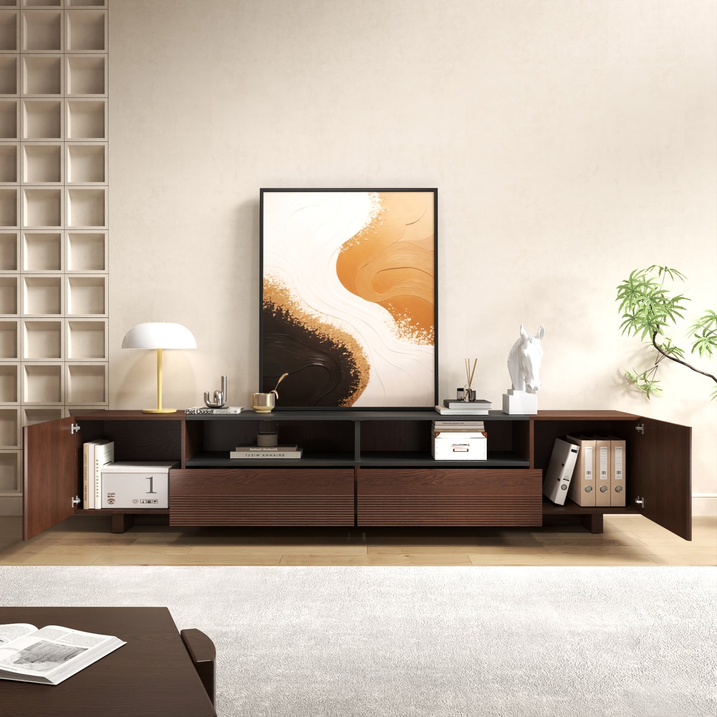 78.8 Inch TV Stand with Storage Cabinets for Living Room, TVs Media Console Entertainment Center with Drawers, Wood Fluted Television Stands with Open Shelves for Bedroom, Dark Brown Walnut