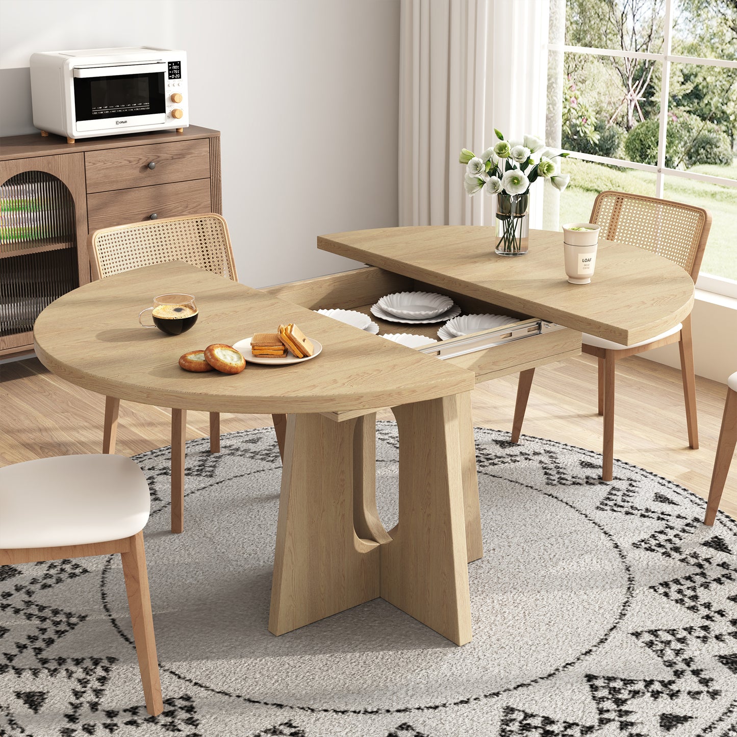 59-Inch Extendable Round Dining Table for Dining Room, 4-6 People Farmhouse Oval Wood Expandable Kitchen Dinner Table with Heavy Cross Pedestal for Living Room, Apartment, Light Oak