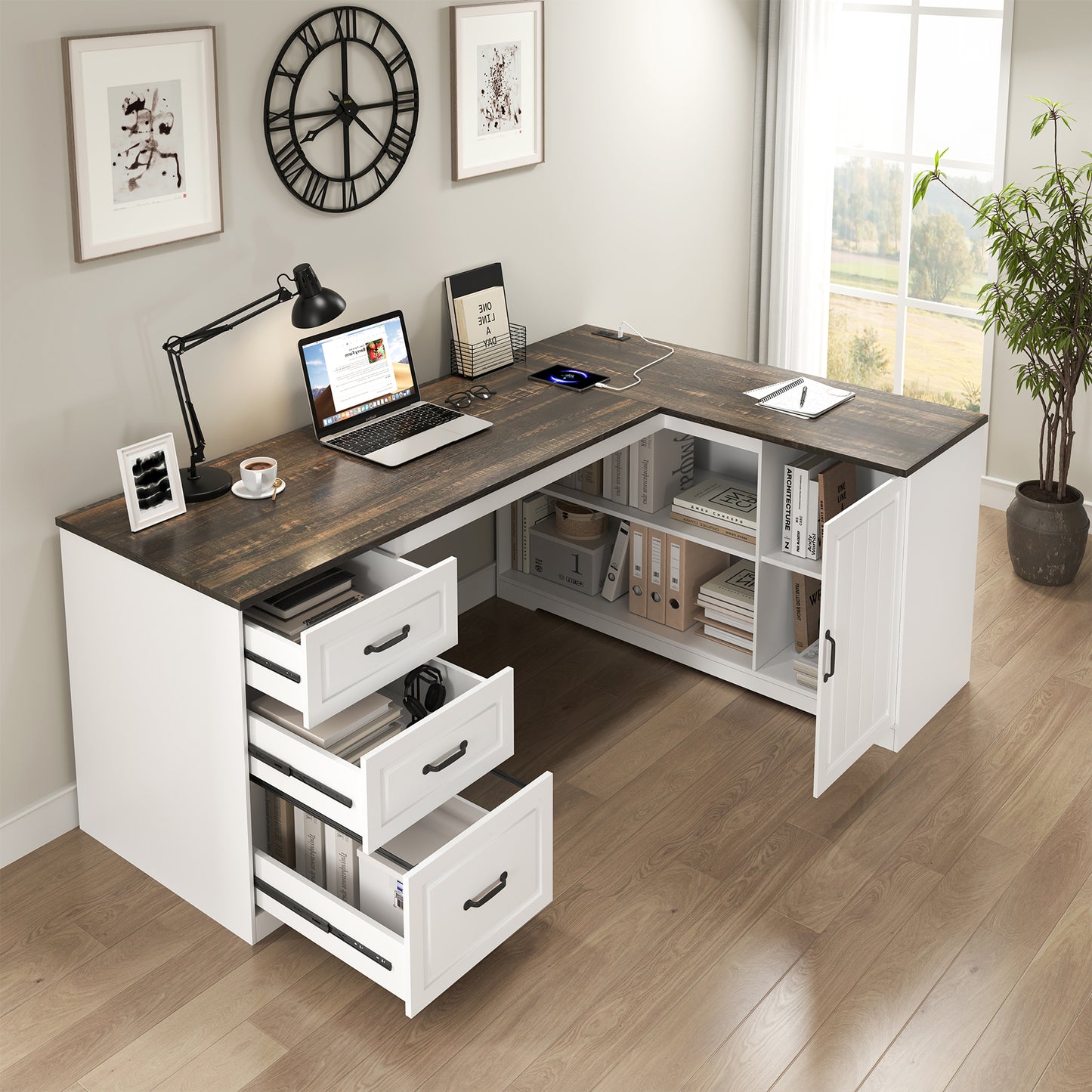 L-Shaped Executive Desk with Power Outlet, Farmhouse Computer Desk with Drawer and Storage Cabinet, White Home Office Wood Corner Table for Writing Work Study, 63 Inch Large Bedroom Workstation