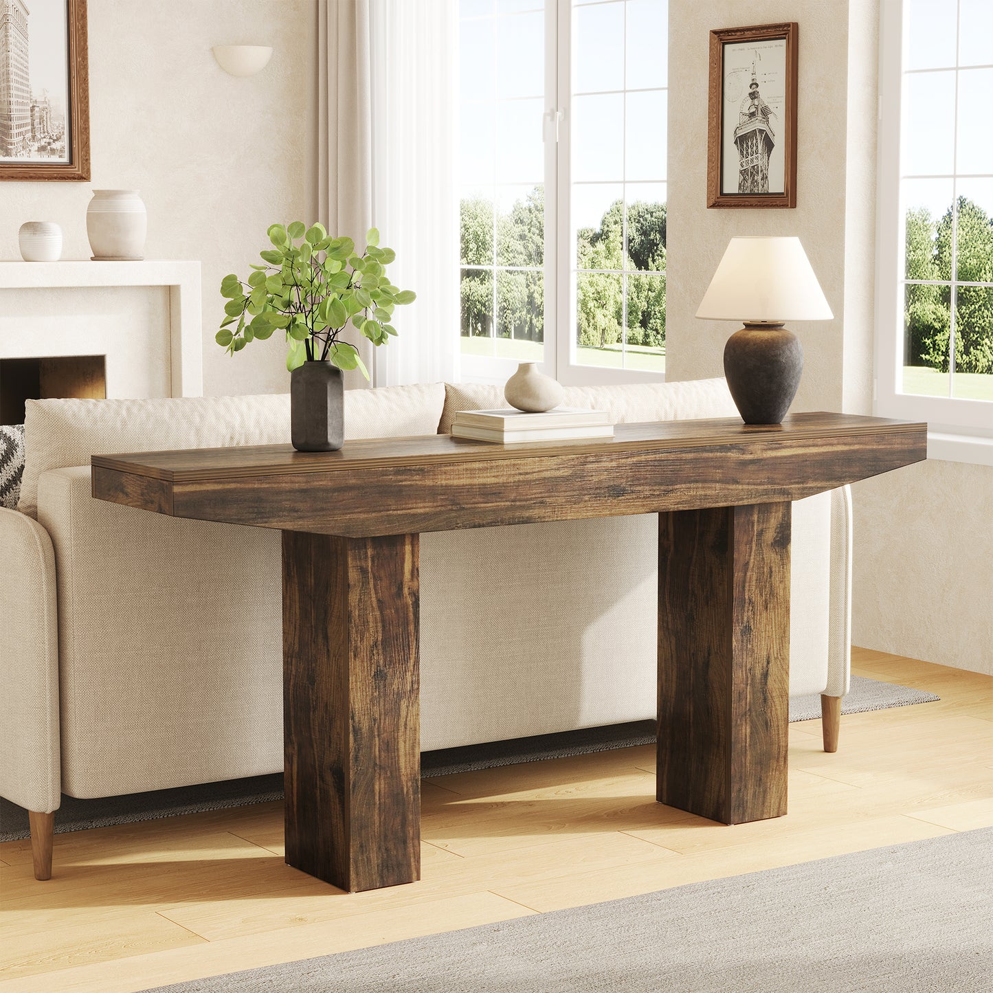 63-Inch Wood Console Table for Entryway Living Room, Long Rectangular Sofa Tables with Farmhouse Wooden Simple Base for Home Hallway Couch Foyer Entrance, Rustic Brown, Easy Assembly