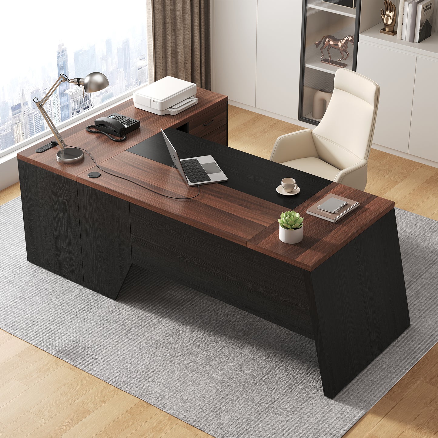 L-Shaped Executive Desk with Power Outlet, 78-Inch Large Office Desk with Storage Drawer and Lateral File Cabinet, Modern Computer Table with Open Shelf and PC Stand for Home Office Study, Brown Black