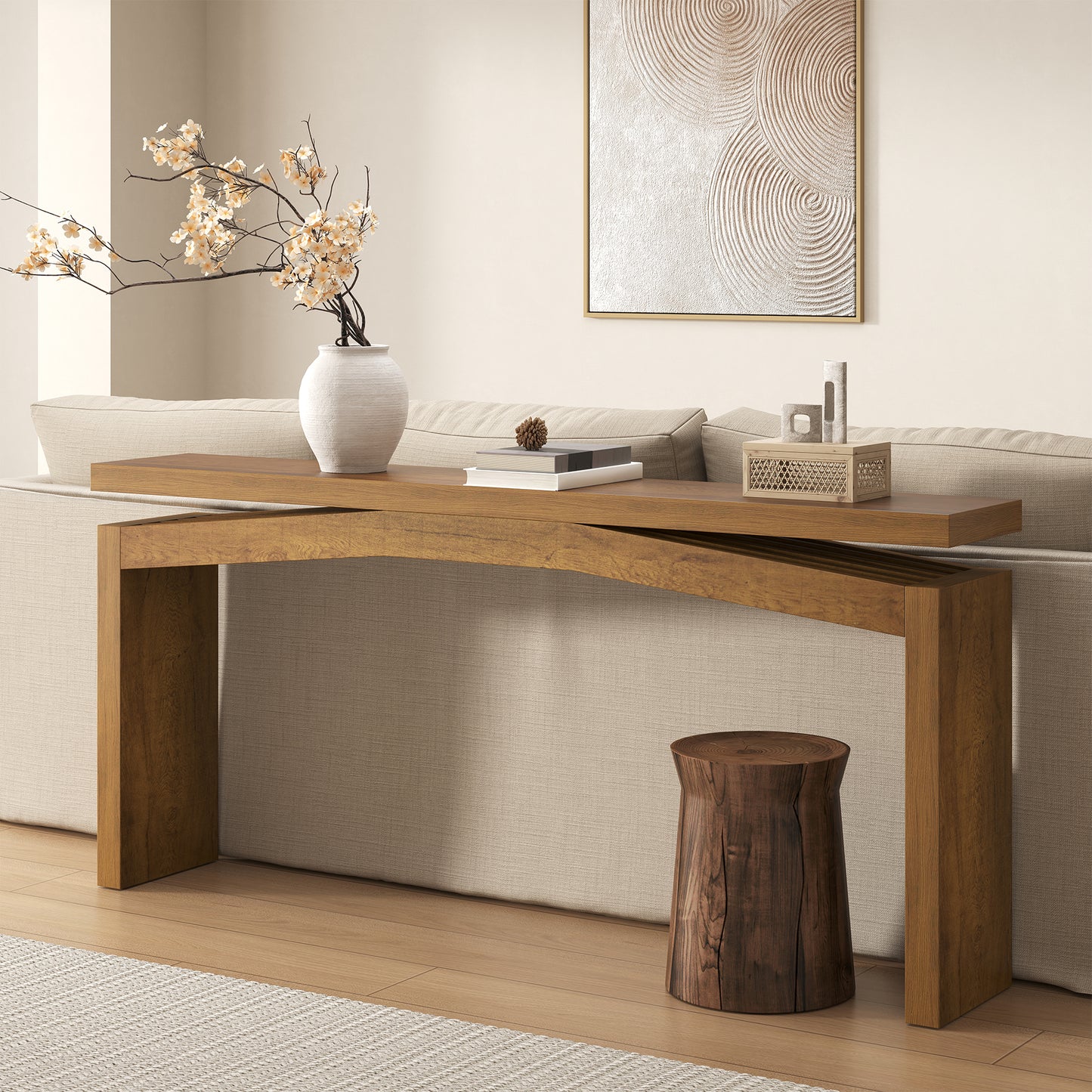 63-Inch Wood Console Table for Entryway Living Room, Long Rectangular Sofa Tables with Natural Wooden Base for Home Hallway Couch Foyer Entrance, Light Brown Oak