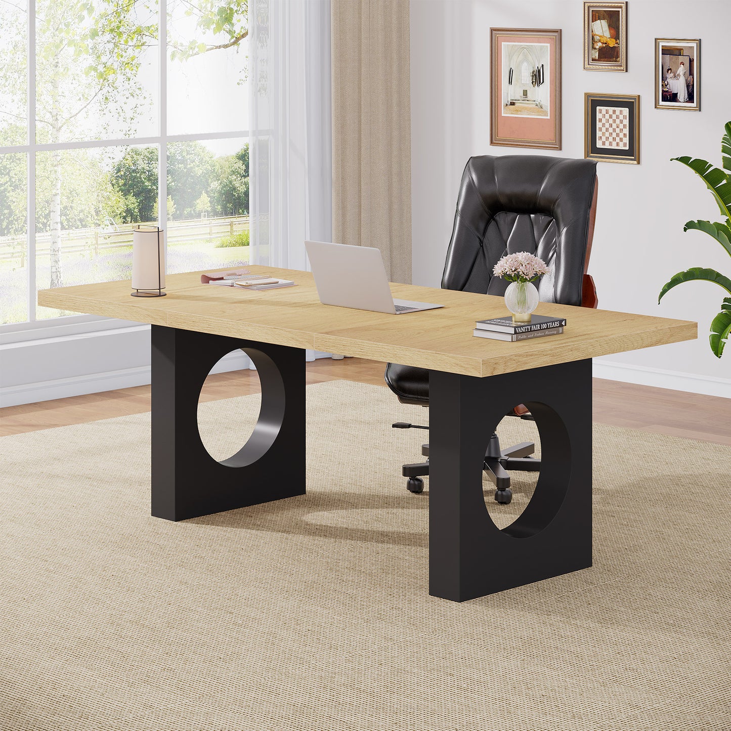 70.9-Inch Executive Computer Desk for Home Office, Modern Simple Large Office Desks Laptop Workstation, Writing Table with Wide Wood Tabletop and Painted Sled Base for Study, Black Brown Oak